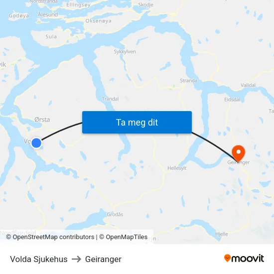 Volda Sjukehus to Geiranger map