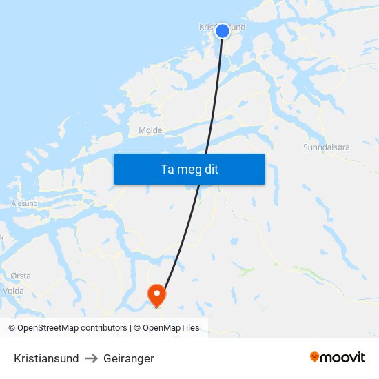 Kristiansund to Geiranger map