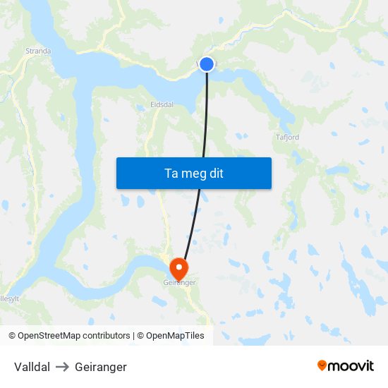 Valldal to Geiranger map