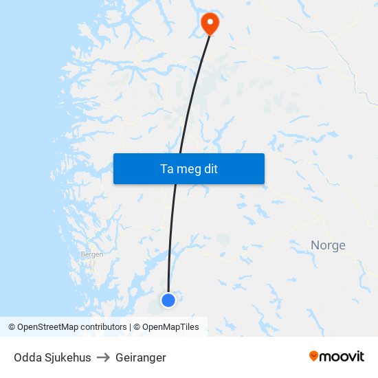 Odda Sjukehus to Geiranger map