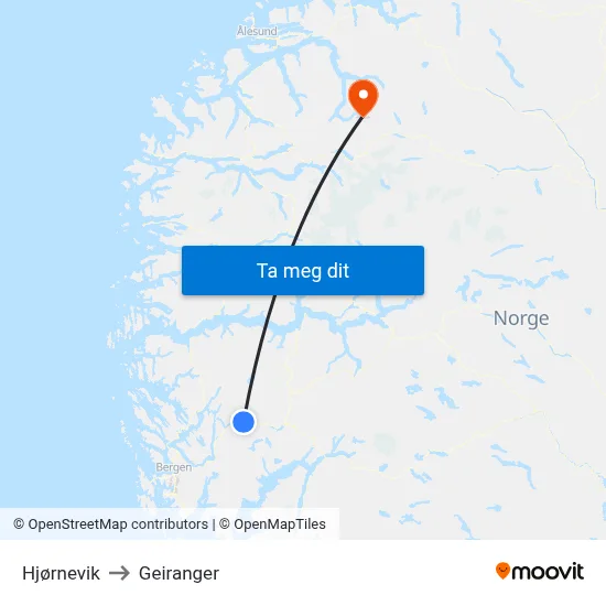 Hjørnevik to Geiranger map