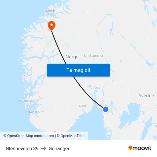 Glenneveien 39 to Geiranger map