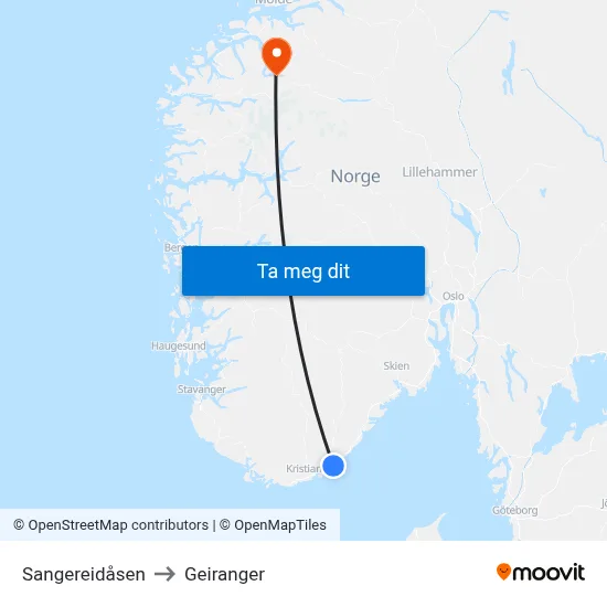 Sangereidåsen to Geiranger map