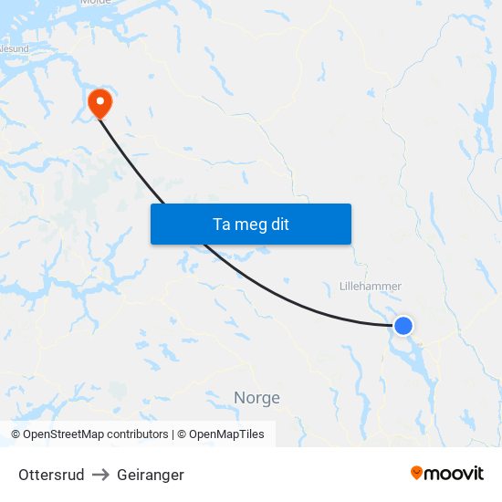 Ottersrud to Geiranger map