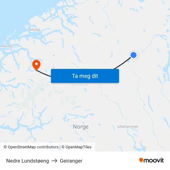 Nedre Lundstøeng to Geiranger map