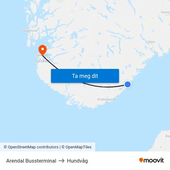 Arendal Bussterminal to Hundvåg map