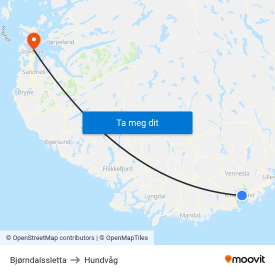 Bjørndalssletta to Hundvåg map