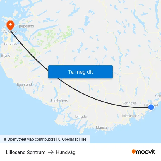 Lillesand Sentrum to Hundvåg map