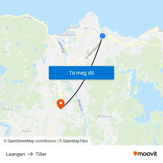 Leangen to Tiller map