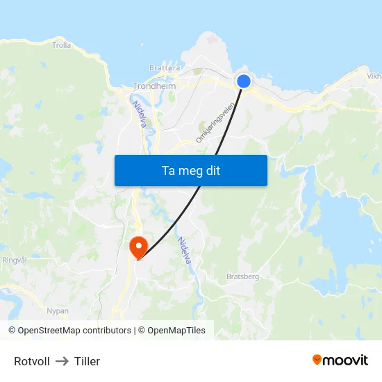 Rotvoll to Tiller map