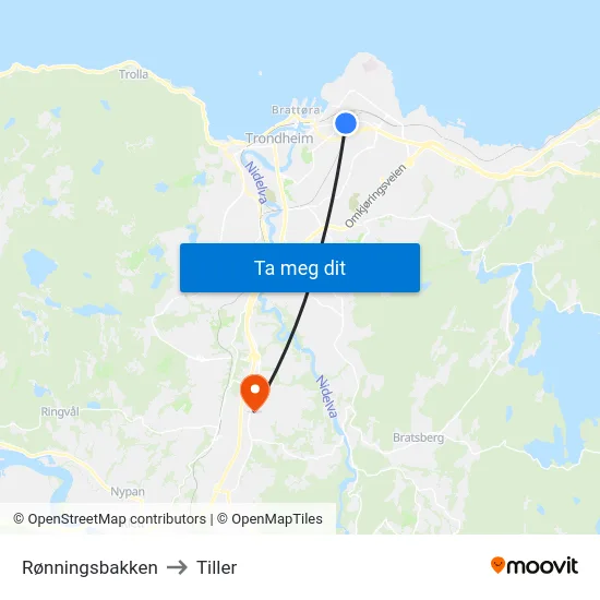 Rønningsbakken to Tiller map