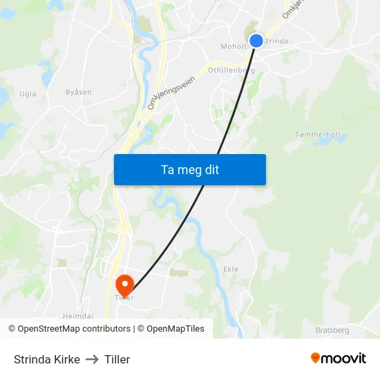 Strinda Kirke to Tiller map
