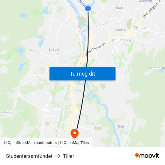 Studentersamfundet to Tiller map