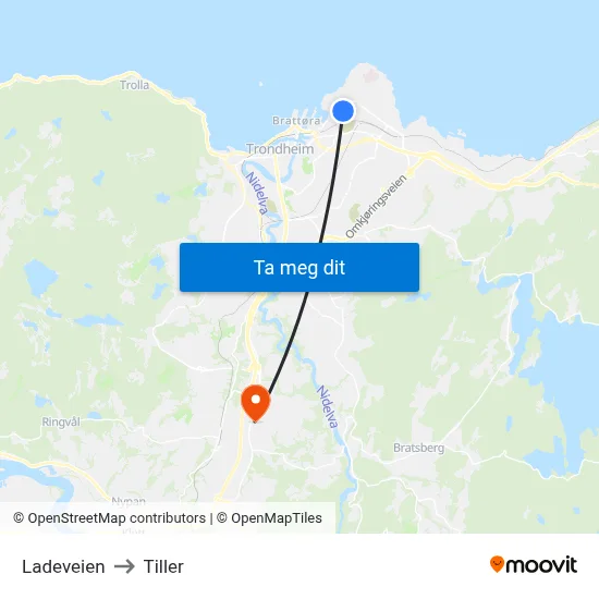 Ladeveien to Tiller map