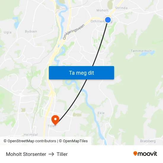 Moholt Storsenter to Tiller map
