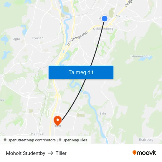 Moholt Studentby to Tiller map