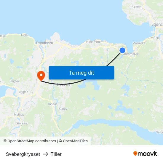 Svebergkrysset to Tiller map