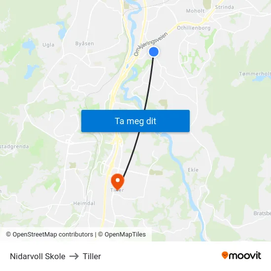 Nidarvoll Skole to Tiller map