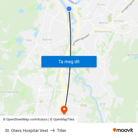 St. Olavs Hospital Vest to Tiller map