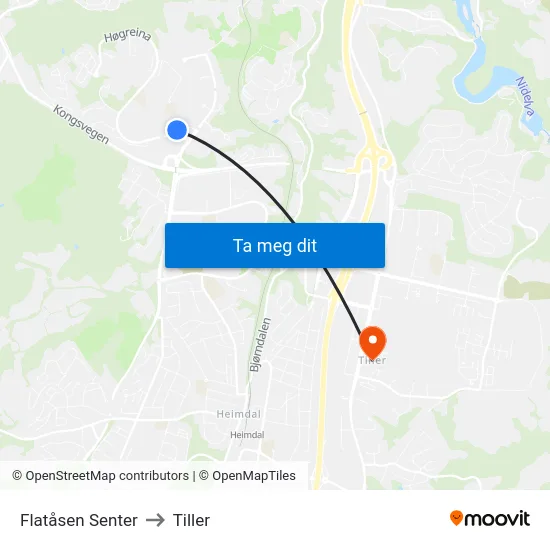 Flatåsen Senter to Tiller map