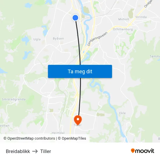 Breidablikk to Tiller map