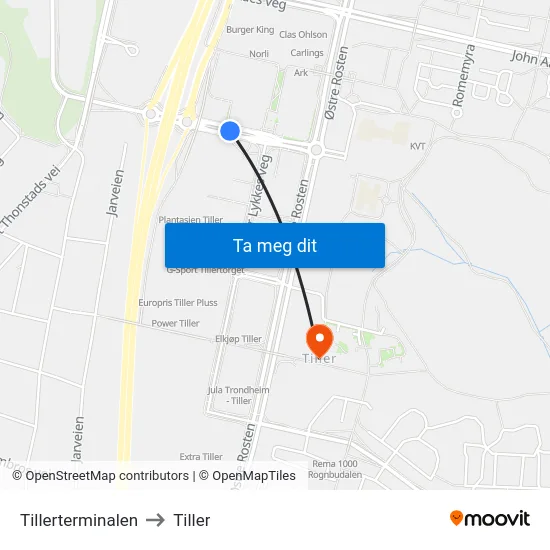 Tillerterminalen to Tiller map