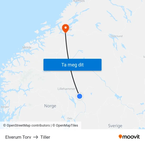 Elverum Torv to Tiller map