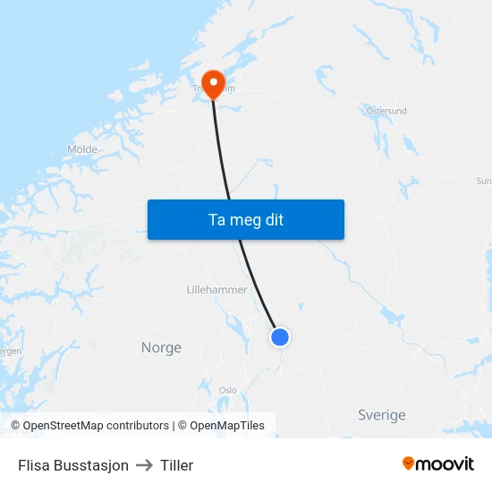 Flisa Busstasjon to Tiller map