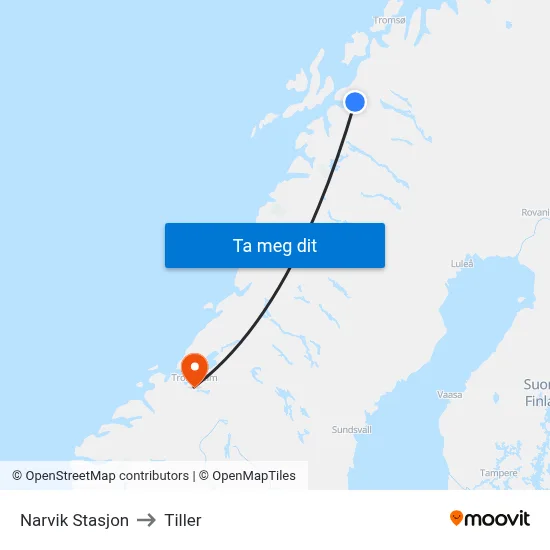 Narvik Stasjon to Tiller map