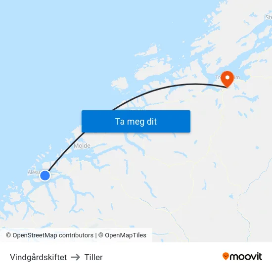 Vindgårdskiftet to Tiller map