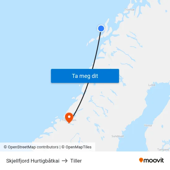 Skjellfjord Hurtigbåtkai to Tiller map