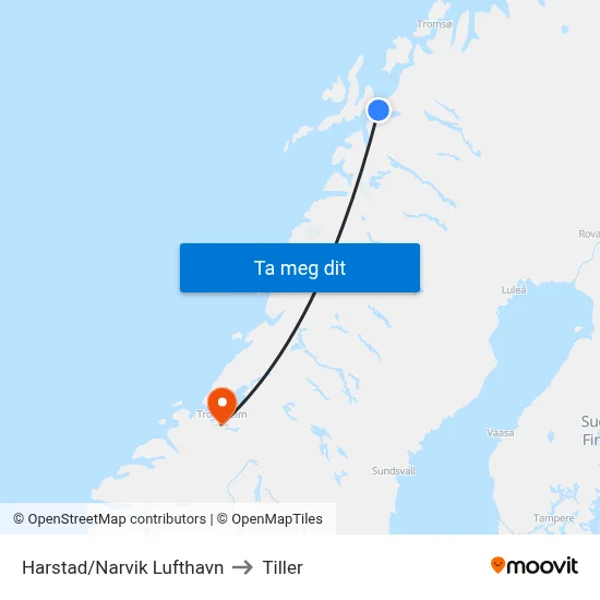Harstad/Narvik Lufthavn to Tiller map