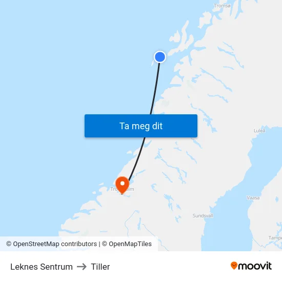 Leknes Sentrum to Tiller map