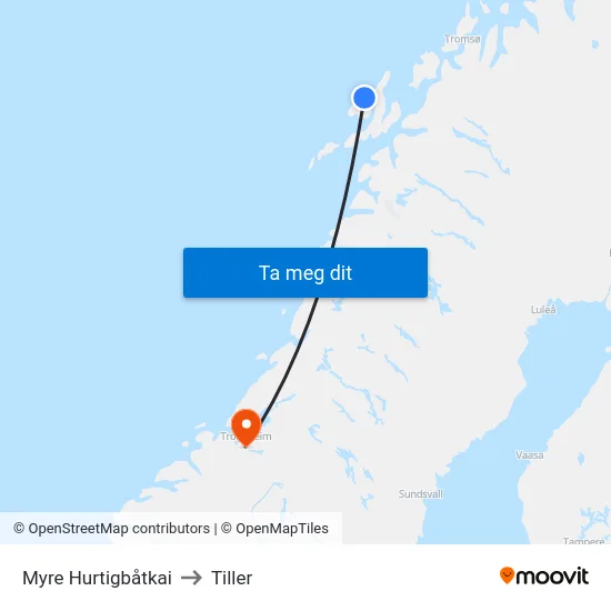 Myre Hurtigbåtkai to Tiller map