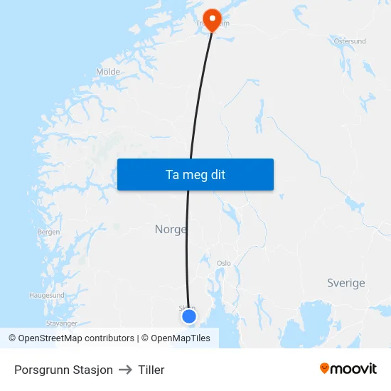 Porsgrunn Stasjon to Tiller map