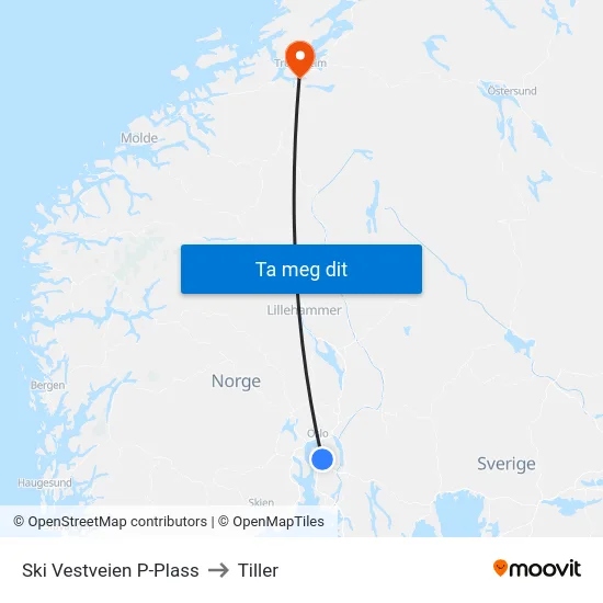 Ski Vestveien P-Plass to Tiller map