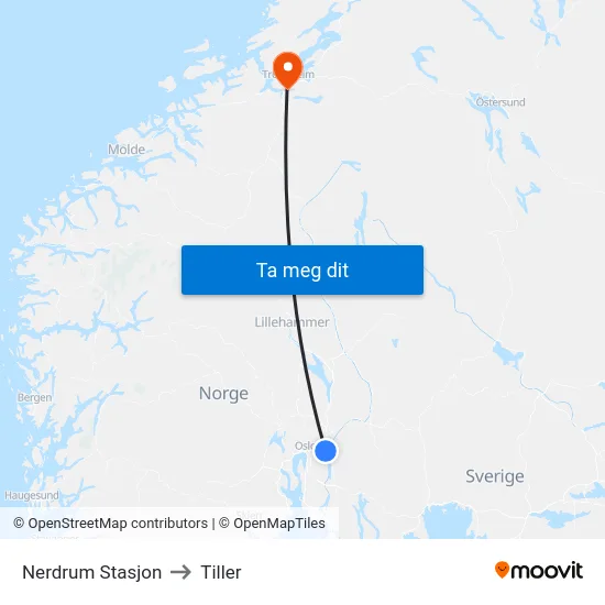 Nerdrum Stasjon to Tiller map