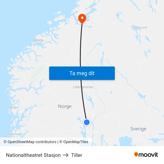 Nationaltheatret Stasjon to Tiller map