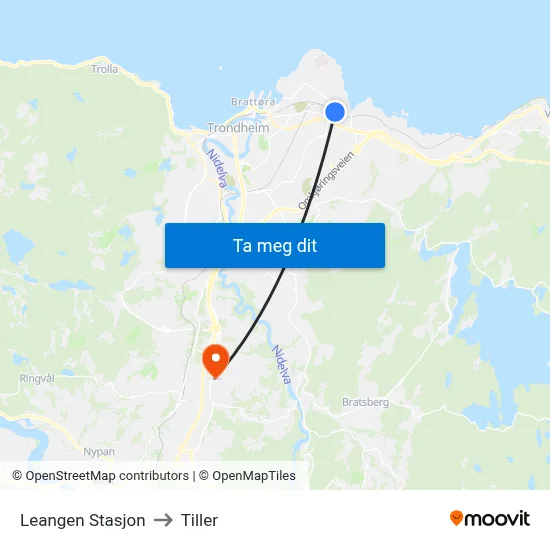 Leangen Stasjon to Tiller map