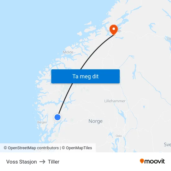 Voss Stasjon to Tiller map