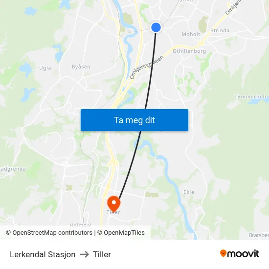 Lerkendal Stasjon to Tiller map