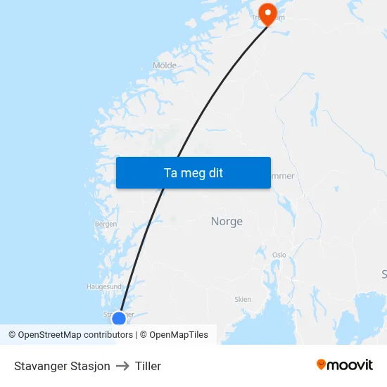 Stavanger Stasjon to Tiller map