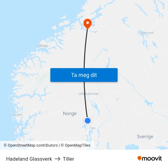 Hadeland Glassverk to Tiller map