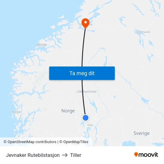 Jevnaker Rutebilstasjon to Tiller map