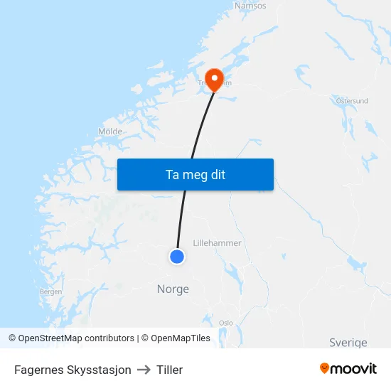 Fagernes Skysstasjon to Tiller map
