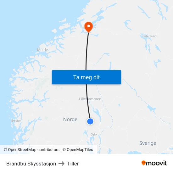 Brandbu Skysstasjon to Tiller map