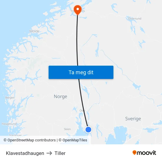 Klavestadhaugen to Tiller map