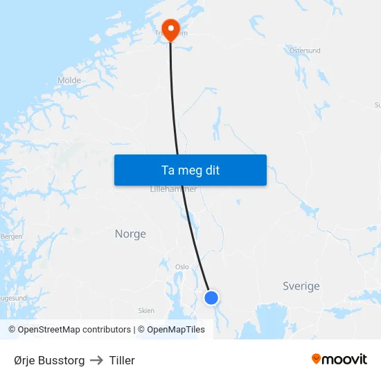 Ørje Busstorg to Tiller map