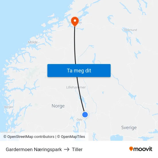Gardermoen Næringspark to Tiller map