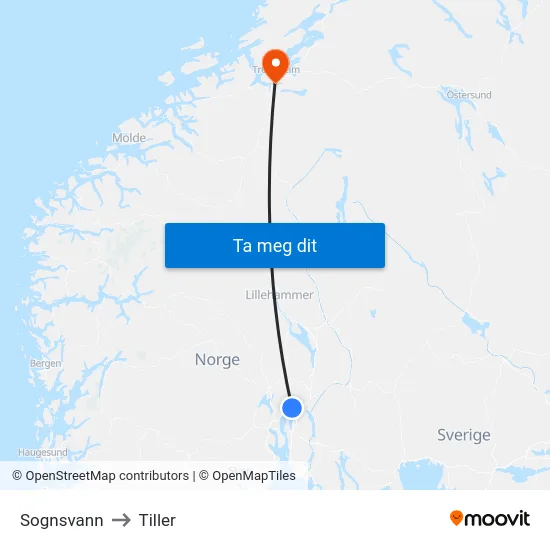 Sognsvann to Tiller map